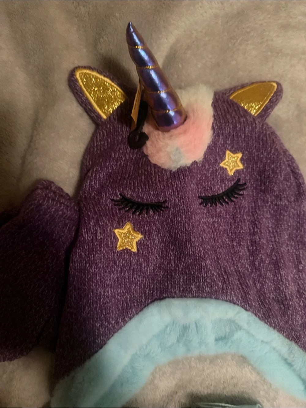 Kids Unicorn Earflap Winter Hat and Mittens Set - Purple